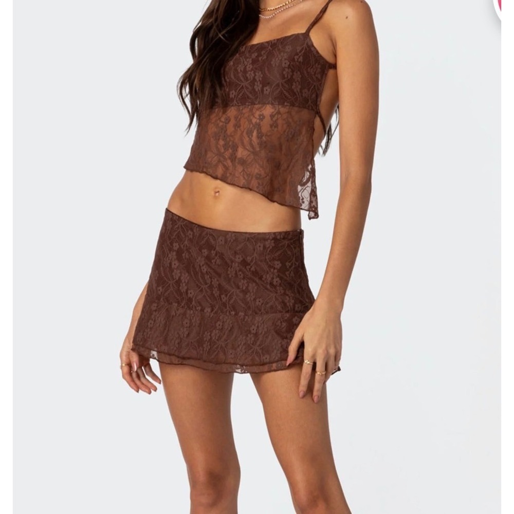 Edikted Brown Lace Two Piece Set Size Small Crop Top and Mini Skirt Y2K Boho